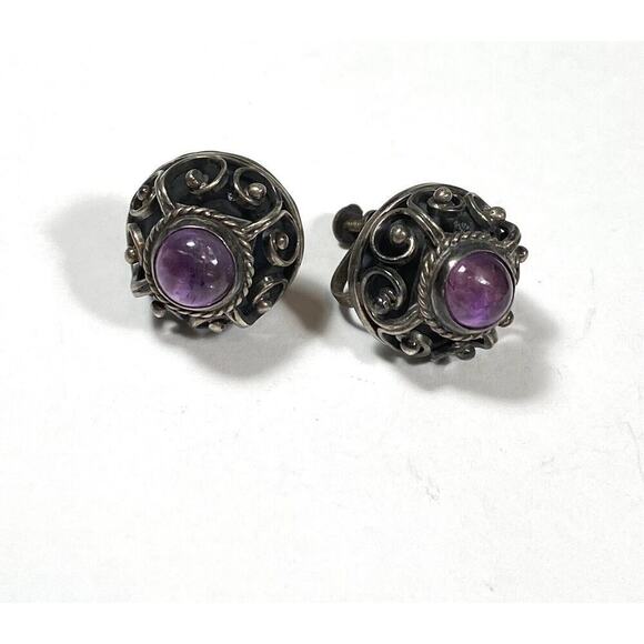 Vintage Sterling Silver Mexico Earrings Screw Backs Amethyst 9.62 - Picture 1 of 12